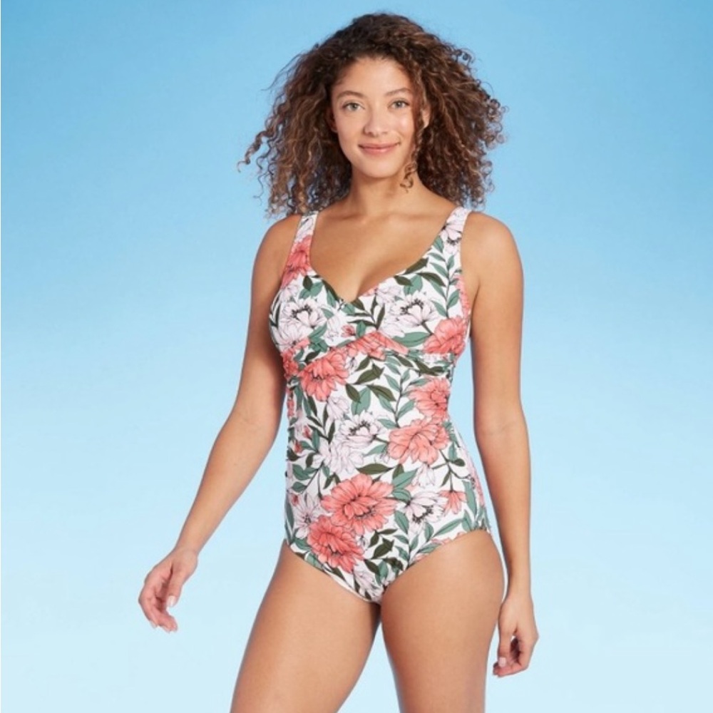 Kona Sol Floral One Piece Swimsuit with V-Neckline and Tie Back